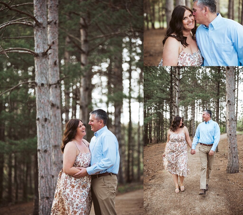 couple walking in pine tree path